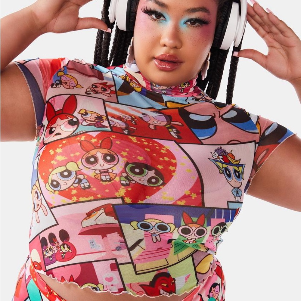 Powerpuff girls sheer Colorful Cartoon Graphic Crop Top